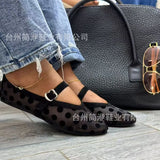 Breakj New Retro Wave Point Mary Treasure Shoes Women Round Head Flat Letter Button Mary Treasure Shoes Bao Head Single