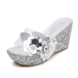 Breakj Women's Korean Version Of Fashion Casual High-Heeled Shoes With Transparent Flowers Water Drilled Outside Wearing A Word