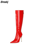 Toe Women's High Boots Sexy Metal Thin Heels Shoes Rose Red Shiny Leather Back Zipper Women's Winter High Boots