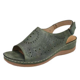 Breakj Summer New Large-Size Slope Heel Sandals Women Hollow Flat Heded Toe Buckle With Retro Hole