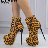 Sexy Leopard Grain Ankle Boots For Women 16.5CM Extreme High Heels Platform Pumps Fashion Round Toe Zip Party Club