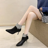 Soft Leather Thin Heels Ankle Boots Women's Crystal Cuffed Winter Shoes Elegant Pointed Toe Keep Warm Short Booties
