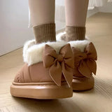Women Cute Warm Ankle Boots Ladies Outdoor Non-slip Thick Sole Snow Boot Furry Bow Cotton Shoe Waterproof Plush