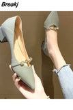 for Woman 2023 Pointed Toe Women's Summer Footwear Square Heels with Medium Green Office Slip on Korean Style Trend 39