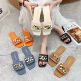 Breakj Summer New Net Red Flat Bottom Chain Cool Slippers Women Wear Fashion Metal Buckle Retro Ins
