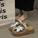 Breakj Version Of The Trend Fashion Slippers Women's Hollow Beads Wearing Beach Shoes Simple Thick Soles Small Height