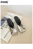 New Arrival Gold Outer Wear Slippers Women Fashion Slip On Square Toe Stiletto Mules Comfortable Heel Slide For Party