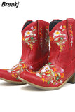 Retro Female Western Boots Wood Sole Spike Heels Pointed Toe Slip-On Floral Flower Ankle Boots Shoes Plus Size