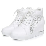 Women Wedge Platform Sneakers Rubber Brogue Leather High heels Lace Up Shoes Pointed Toe Height Increasing Creepers White