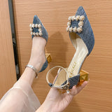 Square Buckle High Heels Women Spring 2023 New Korean Version Fashion Pointed Thick With Shallow Mouth Empty Single Shoes