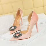 Breakj Banquet High Heels With Thick Suede Tip Side Hollow Out Metal Diamond Buckle Super High