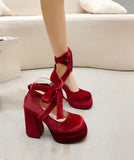 Breakj Thick-Soled New Chinese Single-Shoe Women Waterproof Table Small Velvet High Heels Cross With Round Head Mary Treasure