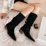 Breakj Red Pile Folded Long Boots Long Boots Female Western Cowboy Boots Coarse And Retro High-Heeled Knight Boots Around Long