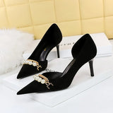 Breakj Banquet Shows Slim Ultra High Heel Suede Shallow Pointed Pearl Metal Chain Side Hollow Single