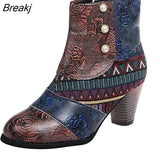 Women Shoes Splicing Printed Ankle Boots for Female PU Leather Retro Block High Heels Bohemian Ladies Spring Autumn Short