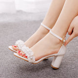 Breakj Cm Round Head With Thick Heel And Shallow Mouth With Sandals Beaded Flowers Wedding Dress Shoot High Heels