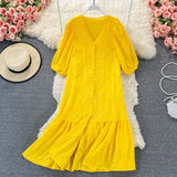 New Summer A Line V Neck Hollow Out Single Breasted Women Mid-Calf Dresses Casual Solid Short Lady