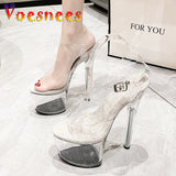 PVC Anti-skid Pole Dance Pumps Women's Thin Heel Sexy Transparent Crystal Shoes Waterproof Platform 17CM High Heels
