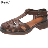 Braided Buckle Roman Sandals Solid Color Middle Heel All-match Women's Shoes Heel Comfortable Women's Beach