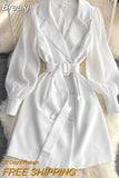 Elegant Women White Blazer Dress 2023 Autumn Fashion Chiffon Patchwork Long Sleeve Belted A-line Mini Office Work