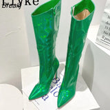 Sexy Party Nightclub Stripper Knee High Boots Female Green Smooth Patent Leather Pointed Toe Heels Women Shoes Zip