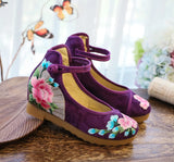 Breakj Shoes, Single Shoes, Peony Folding Fan Ancient Wind Embroidered Cloth Shoes, A Word Buckle Retro Slope Heel