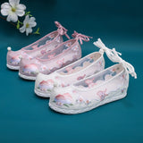 Breakj Shoes Bow Shoes Hanfu Shoes Nail Beads National Style Ancient Costume Mesh Embroidered Cloth Shoes Summer Female
