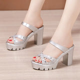 Summer New Style Wearing High-Heeled Sandals, Women's Thick-Soled Waterproof Table, Thick Heels, Fish Mouth, Large Size Silver Sequined