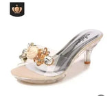 Summer Women Slippers Crystal Flowers 6.5CM High Heels Mules Slides Lady Transparent Flip Flop Slippers Jelly Sandals