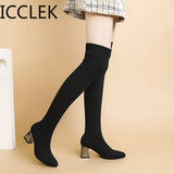 Women Boots High Heels Over The Knee Boot Knitting Socks Booties Stretch Fabric Thigh High Boots Woman Shoes High Heels
