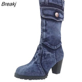 jeans boots Women's Mid-rise Rome Solid Slip-On Chunky Med Heels Boots wild vintage Large Size Ladies