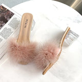 Shoes Transparent Crystal High Heels Woman Feather Fur Slippers Pumps Women Peep Toe Lady Cute Plush Slippers