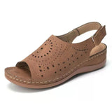 Breakj Summer New Large-Size Slope Heel Sandals Women Hollow Flat Heded Toe Buckle With Retro Hole