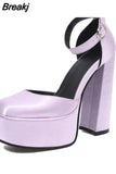 Chunky Heeled Satin Ankle Strap Pumps 2023 Spring Summer High Heel Wedding Shoes Walking Comfy Women Sandal Big Size