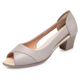 Leather Women Shoes Comfortable Ladies Mid Heel Sandals Hollow Peep Toe Square Heel Sandals Woman
