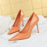 Breakj Sexy Skinny High Heels With Super High Heel Bright Painted Leather Shallow Metal Pointed Single