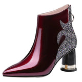 Quality Women's Boots 2023 Shiny Sequined Ladies High Heels Sexy Pointed Ankle Boots Comfor Chunky Heel Office Female