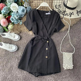 V-neck Beach Playsuits Women Vintage With Belt High Waist Wide-legged Shorts Pants Slim Holiday