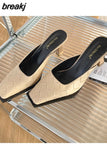 Weave Slippers Women High Heel Square Toe Shallow Mule Outdoor Slide Fashion Black White Plaid Flip Flops Zapatillas
