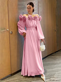 2025 Spring New Fashion Temperament Shoulder Three-Dimensional Flowers Splicing Design Lantern Sleeve Long Dress