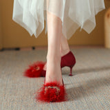 French Girl High-Heeled Shoes Female Autumn And Winter Pointed Hair Shoes Temperament Socialite Apricot And Velvet Belt Hair