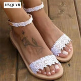 Womens Flats Comfortable Open Toe Summer Sandals Casual Beach Shoes Slip-on Lace Plus Size Rome Sandals Women