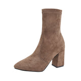 Large-Size High-Heeling Short-Sleesize Boots Women's Elastic Cloth Velvet With Coarse And Pointed Bare