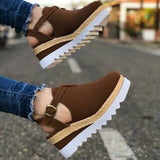 Sandals Vintage Wedge Shoes Woman Buckle Strap Straw Thick Bottom Flats Platform Sandals Flock Female Shoes Summer