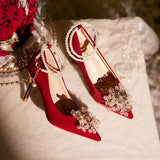 Pearl Chain Buckle Strap Thin High Heels Crystal Flower Decor Wedding Bridesmaid Shoes Temperament Party Prom Lady