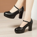 Heels, Thick Heels, Walking Shoes, Women's Leather Waterproof Table, Round Head Cheongsam Show Shoes, Black Professional Work