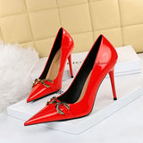 Breakj High-Heeled Women's Shoes Fine Heel Bright Face Lacquer Leather Shallow Mouth Tip OL High Heel Metal Belt Buckle Single
