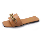 Breakj New Korean Version Of The Metal Chain A Word Cool Slippers Women Wear Flat-Bottomed Fashion