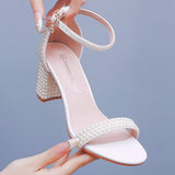 Breakj Cm Thick Heel And Light Mouth With Sandals Round Head Square Sandals White Pearl Wedding Shoes Size 44 Yards 45