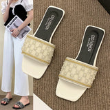 Breakj Version Of Beads Type Flat Bottom Slippers Female Slippers Square Head One Foot Pedal Home Pearl Slippers